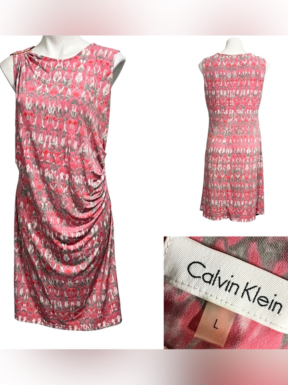 Calvin Klein Dress L Pink multicolor sleeveless Ruched Sheath knee length office